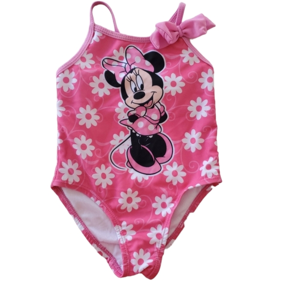 Babyhug Disney  One Shoulder Sleeve V Cut Swimsuit with Minnie Mouse  Print - Multicolour